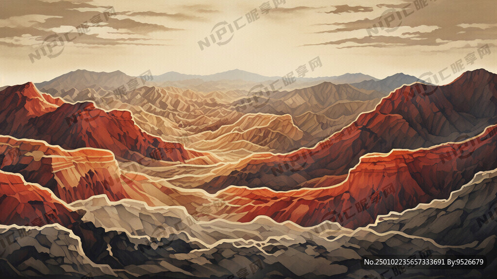 版画风格 陕北丹霞地貌 群山