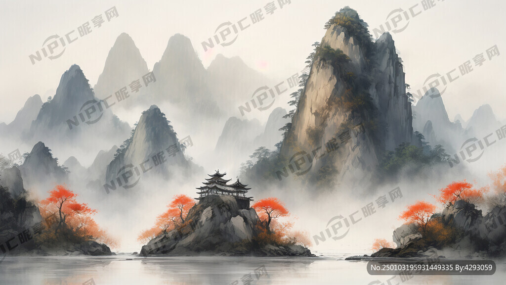画面中两座大山分立两边。彩色中