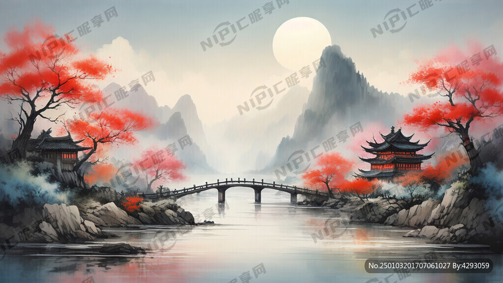小桥流水人家 彩色中国画 山水