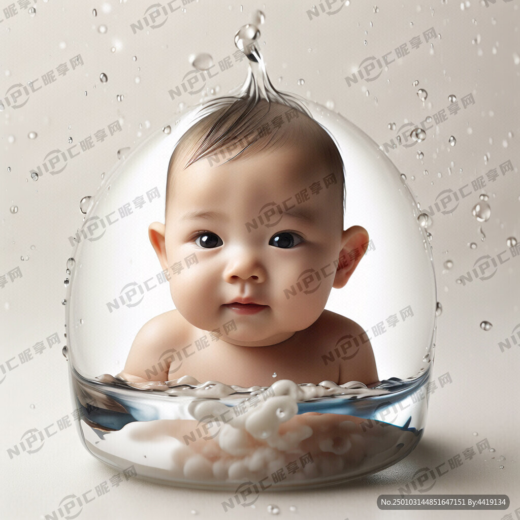 婴儿宝宝头像在水珠里 背景白色