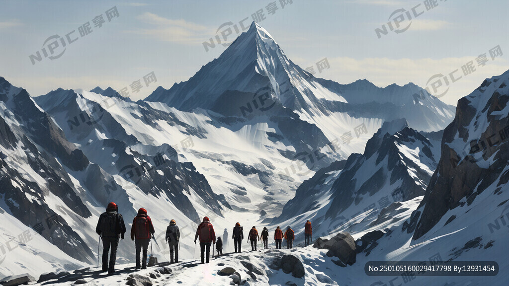 雪山 登山队 团队 多人