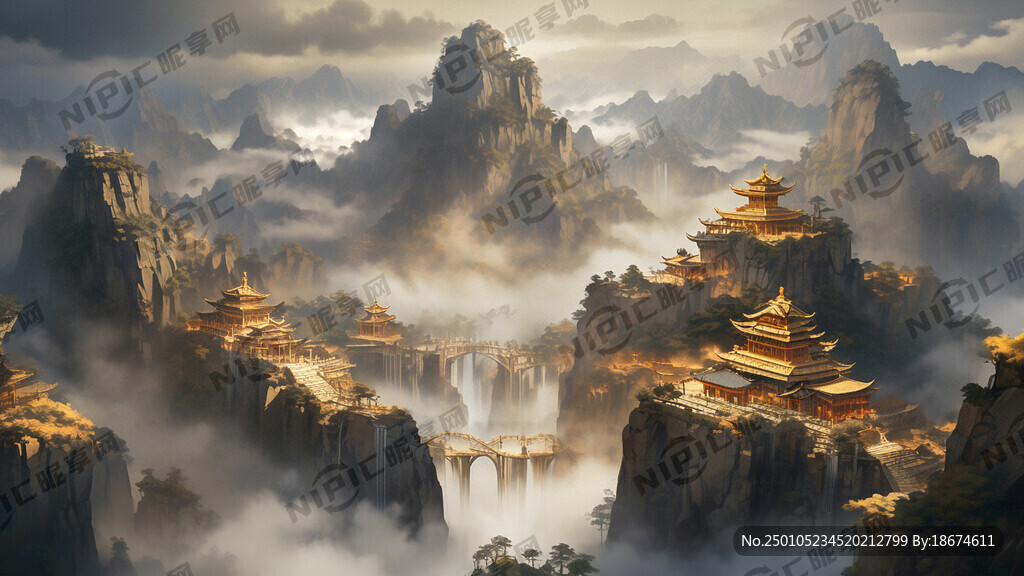 张家界山 简笔画  金色