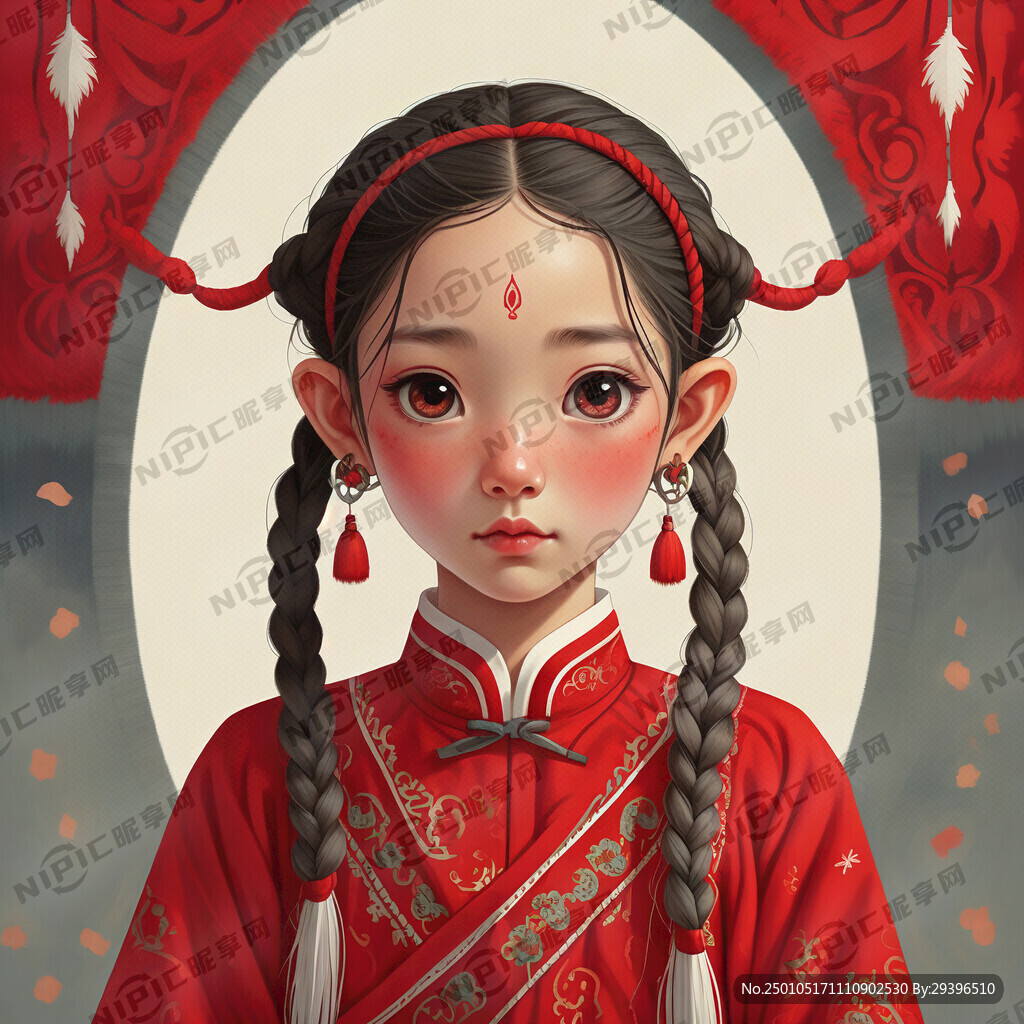 卷毛蒙古女孩子两个小辫子