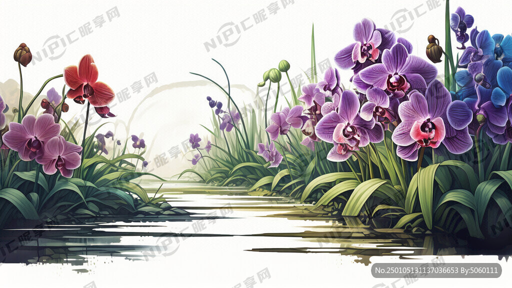 一排排兰花草绘画