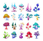 梦幻魔法树与植物卡通插画