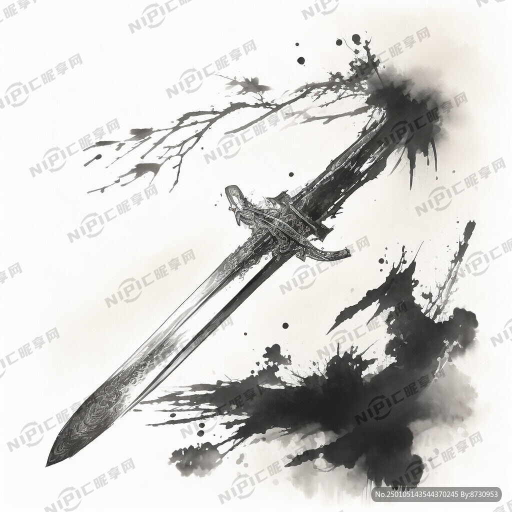 中式古代宝剑 水墨风格