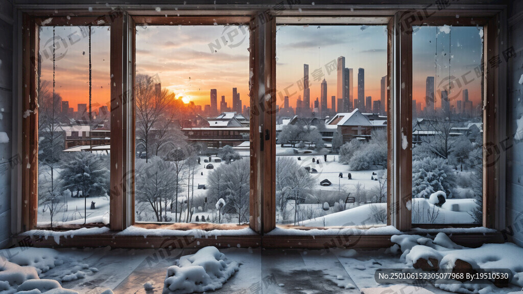 真实美式落地窗 窗外白雪皑皑