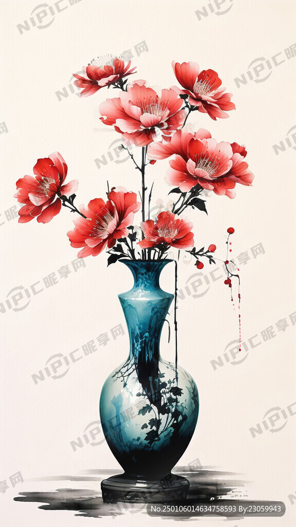 复古中式渐变花瓶 种着梅兰竹菊