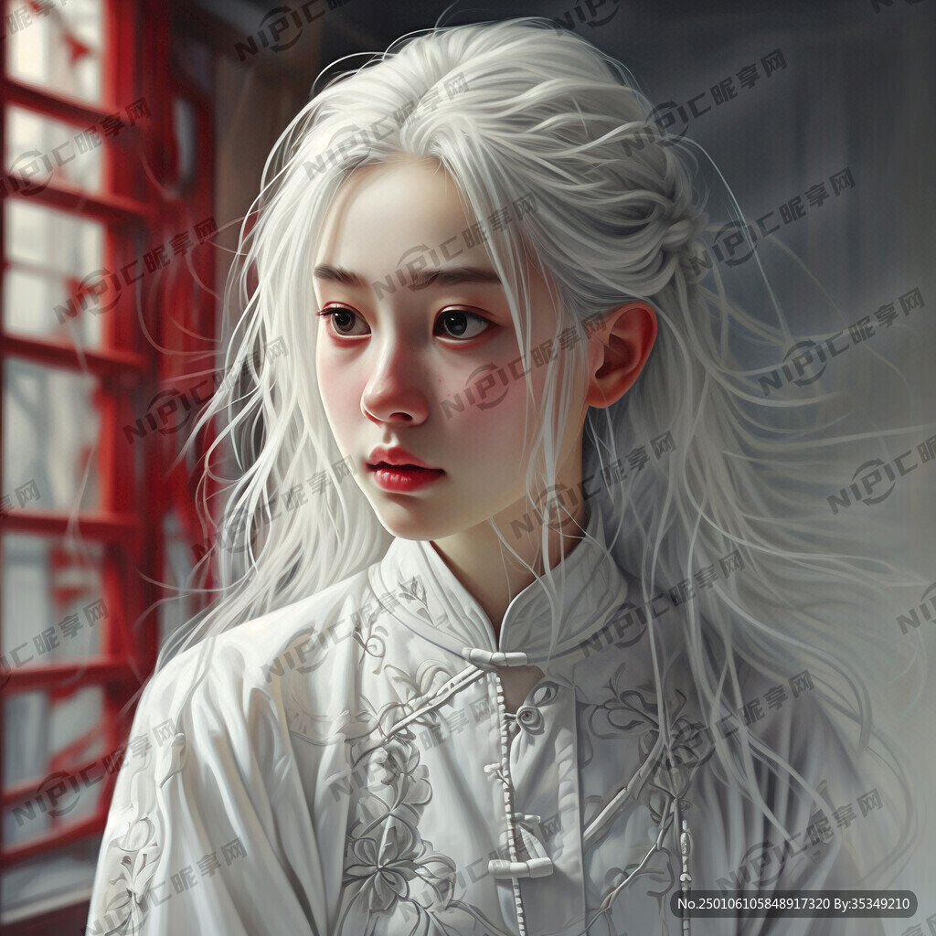 一位白发女孩脸红着穿着白丝看着