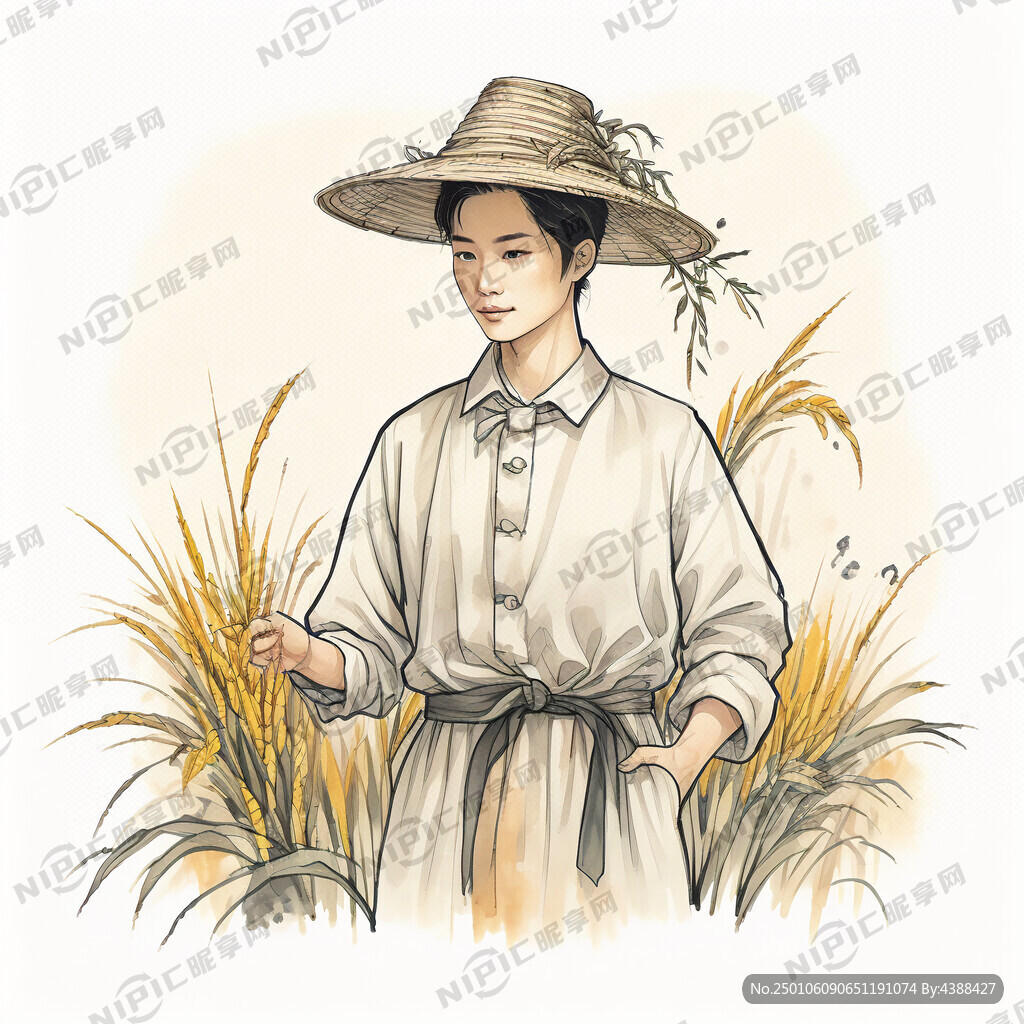 手拿水稻头戴头巾的中国农民