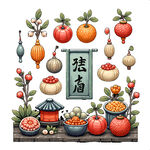 卡通水彩韩国文化符号和物品