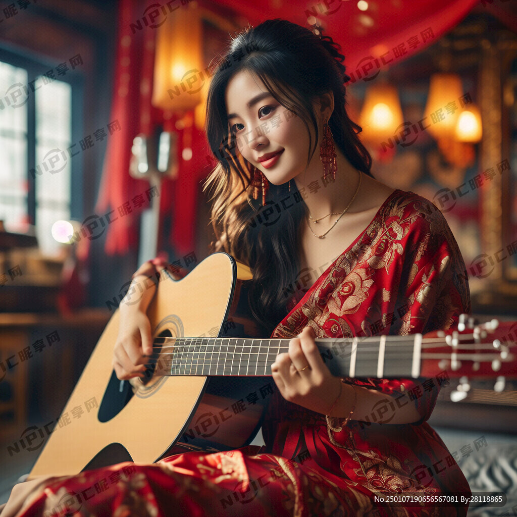 漂亮的女生 弹着吉他 喜庆穿搭