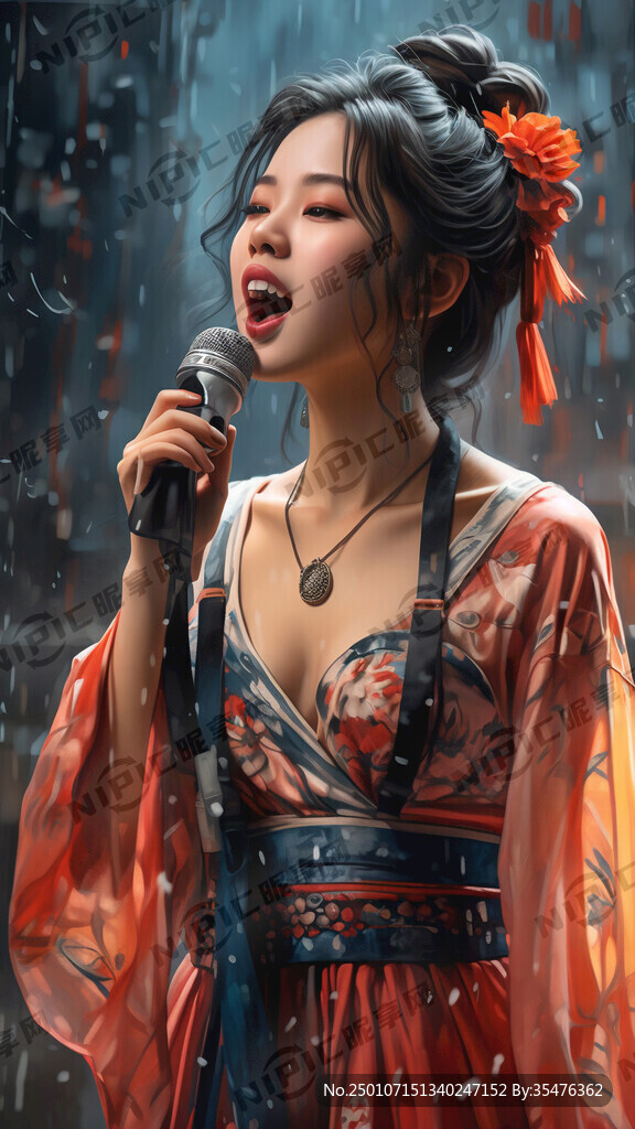 漂亮少女穿着吊带在唱歌