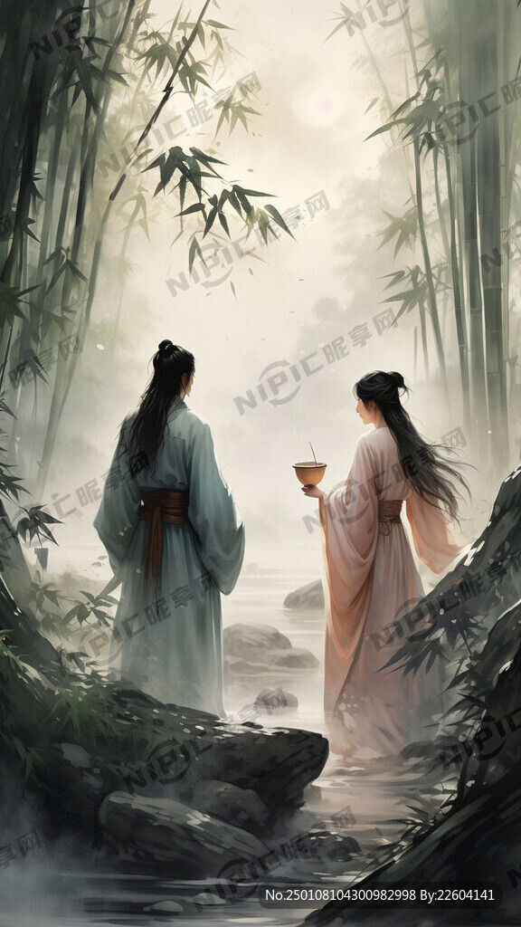 中国古代帅哥美女在竹林赏月