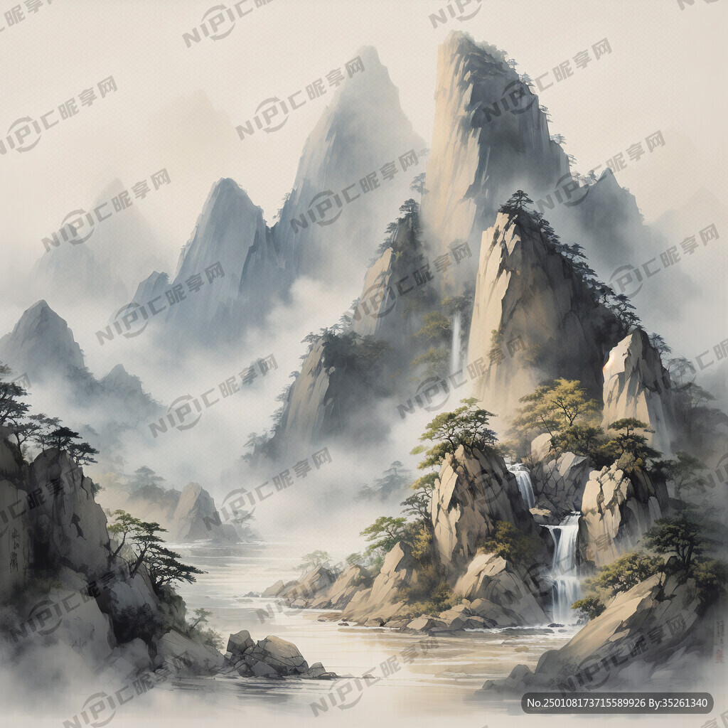 中国风 群山流水线稿