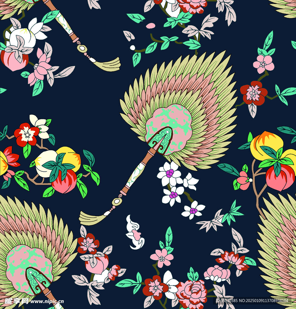 扇子 乱花 桃子 小碎花