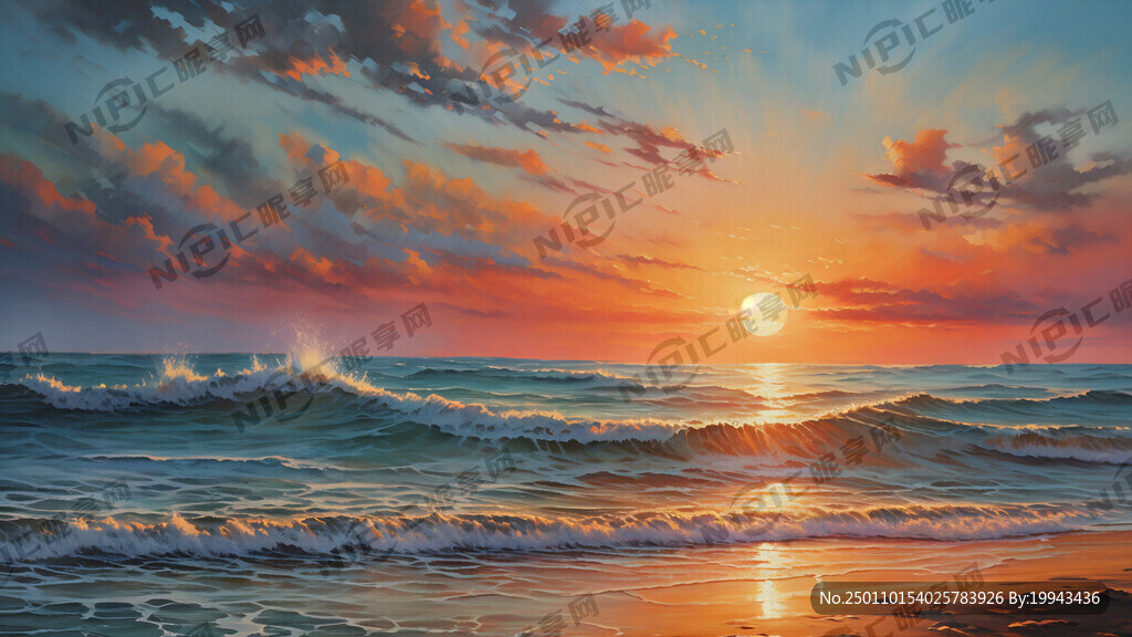 海边落日的油画