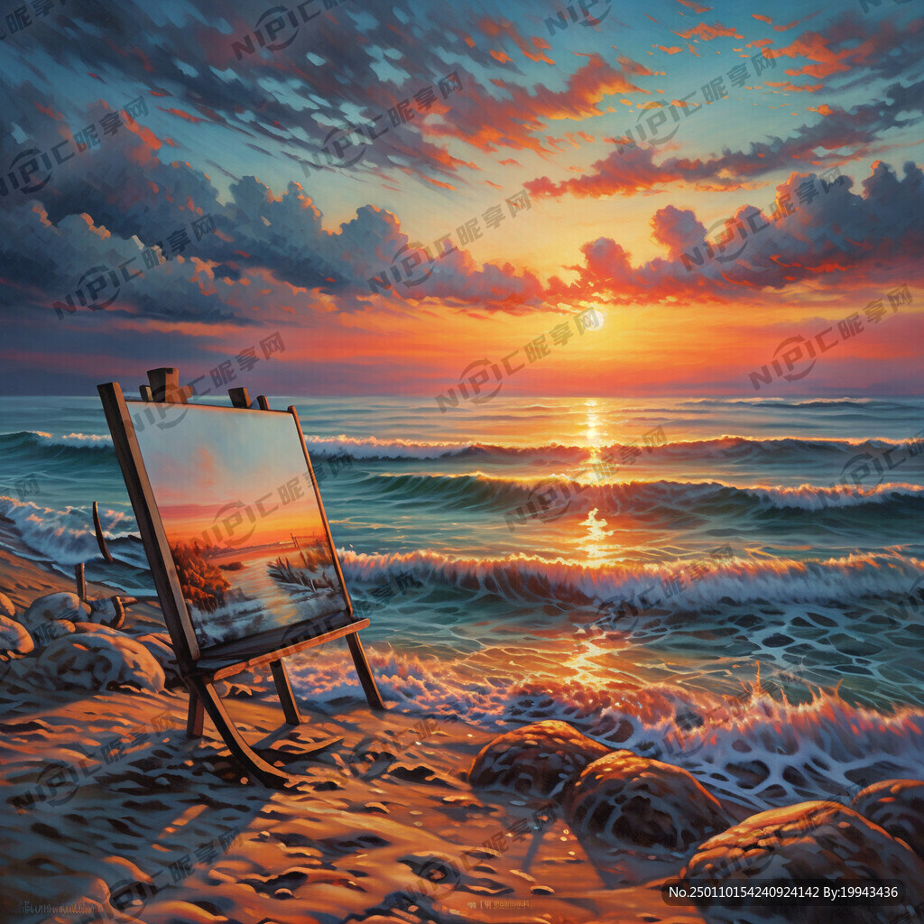 海边落日的油画