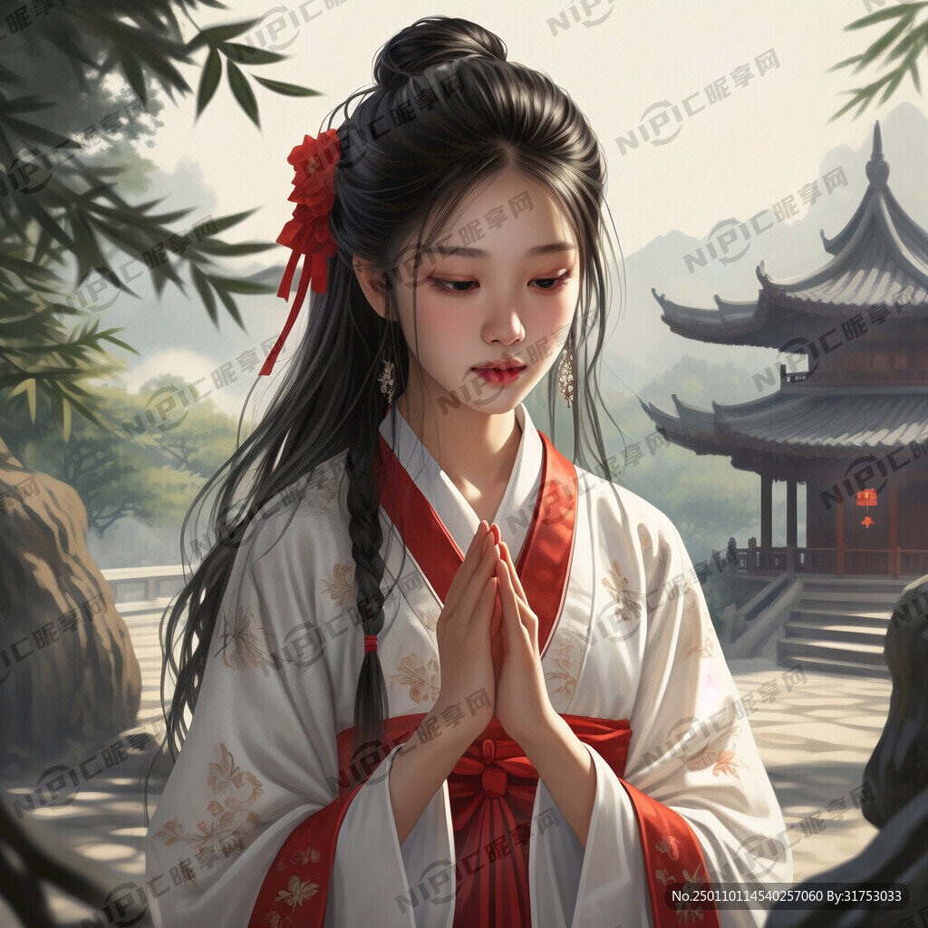 18岁的女孩穿着汉服 闭着眼