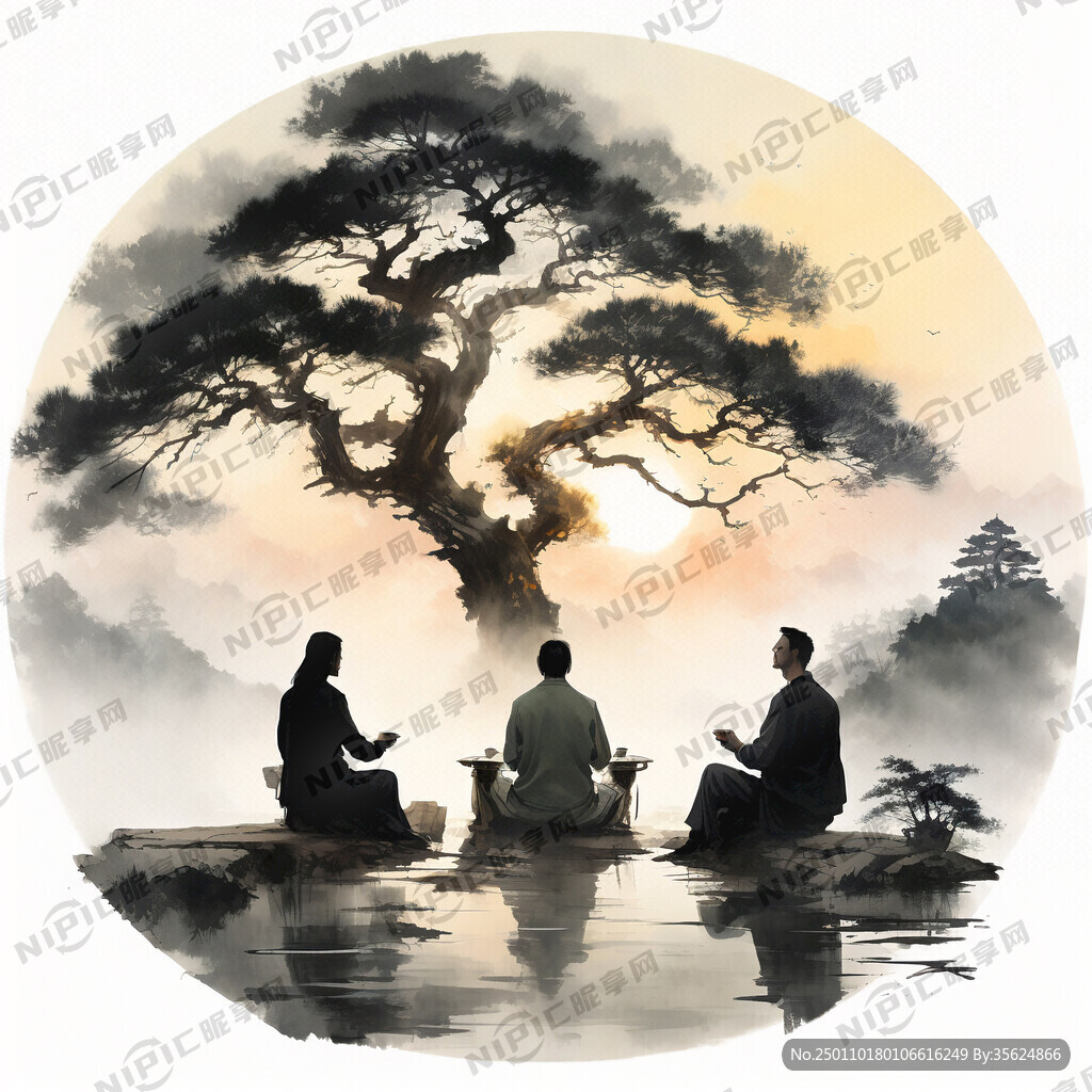 大树下 四人围坐 喝茶 夕阳
