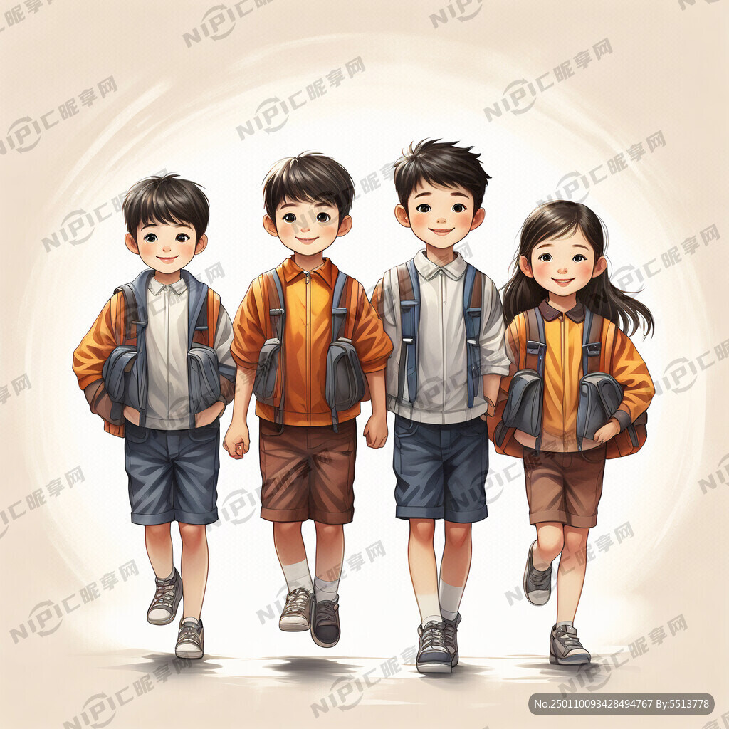 儿童开学 3人5人 背书包上学