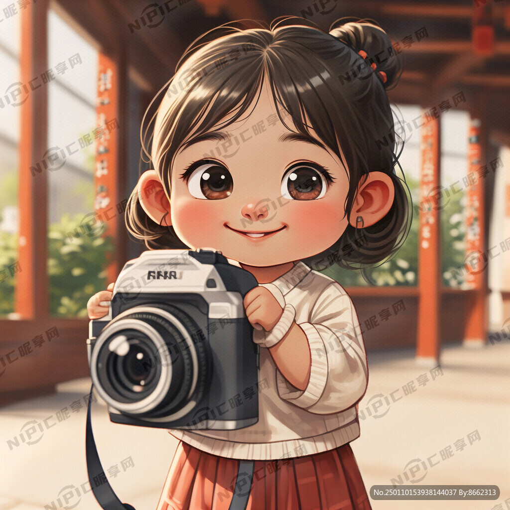 画一个小女孩拿相机在拍照的插画