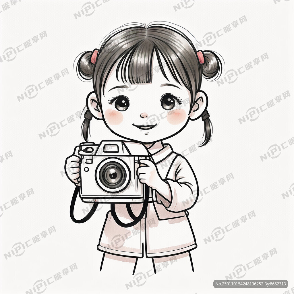 画一个小女孩举着一个儿童相机在