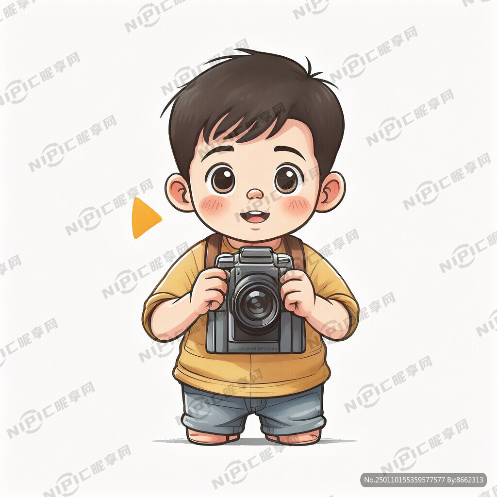 画一个小男孩双手拿着儿童相机放