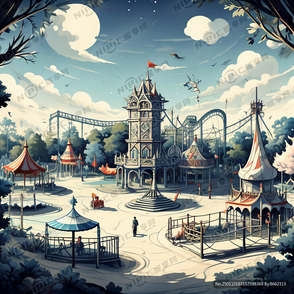 游乐场局部场景 简笔插画
