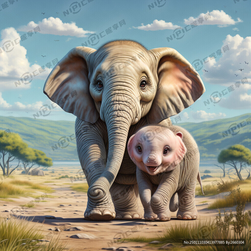 卡通大象和一只象宝宝