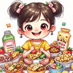 可爱的卡通小女孩手抱零食的图片