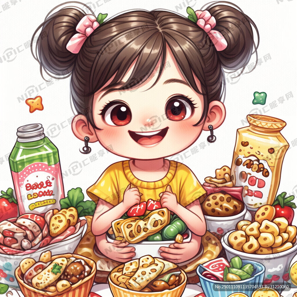 可爱的卡通小女孩手抱零食的图片