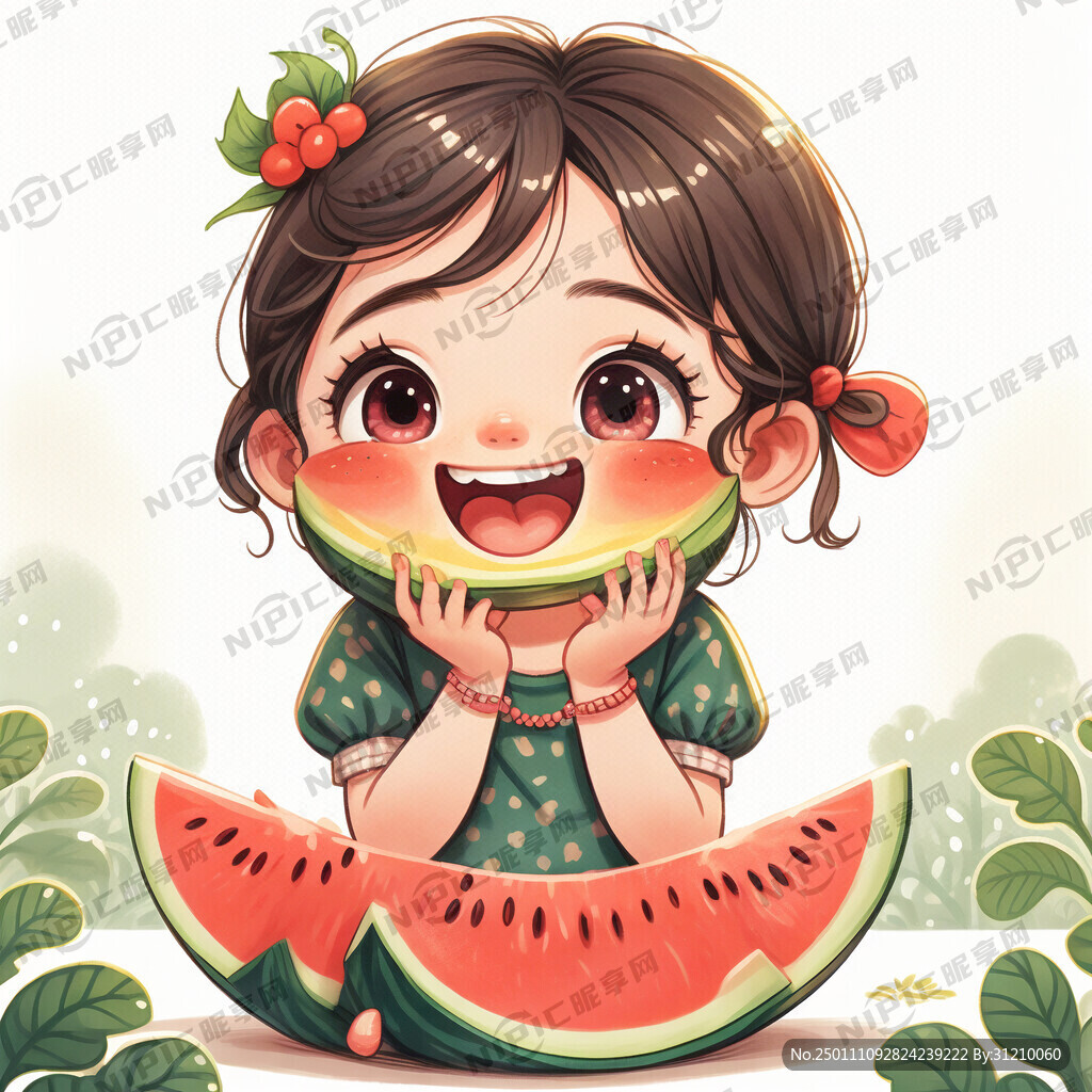 可爱的卡通小女孩手抱着西瓜吃的