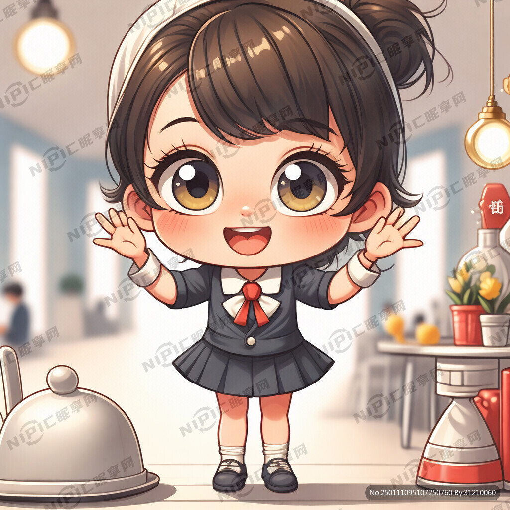 可爱的卡通小女孩做服务生行礼动