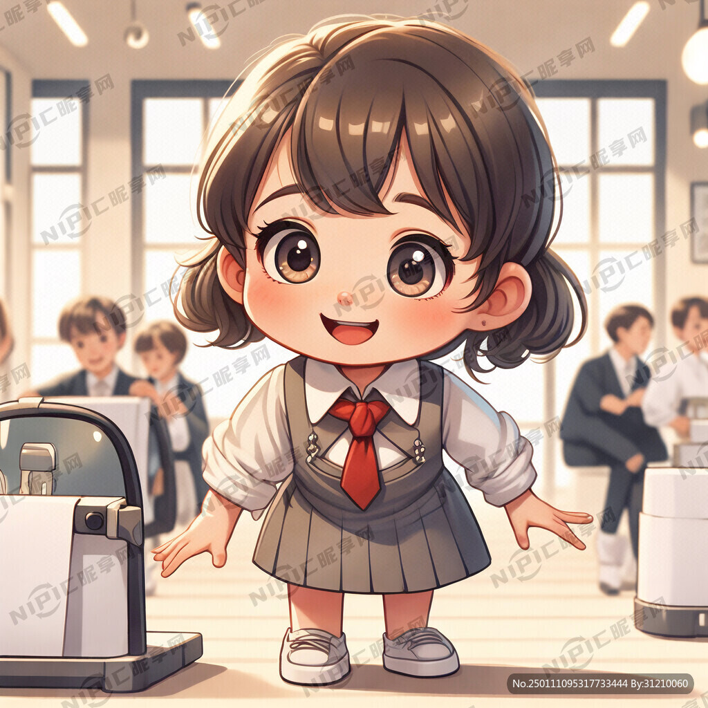 可爱的卡通小女孩做服务生弯腰行