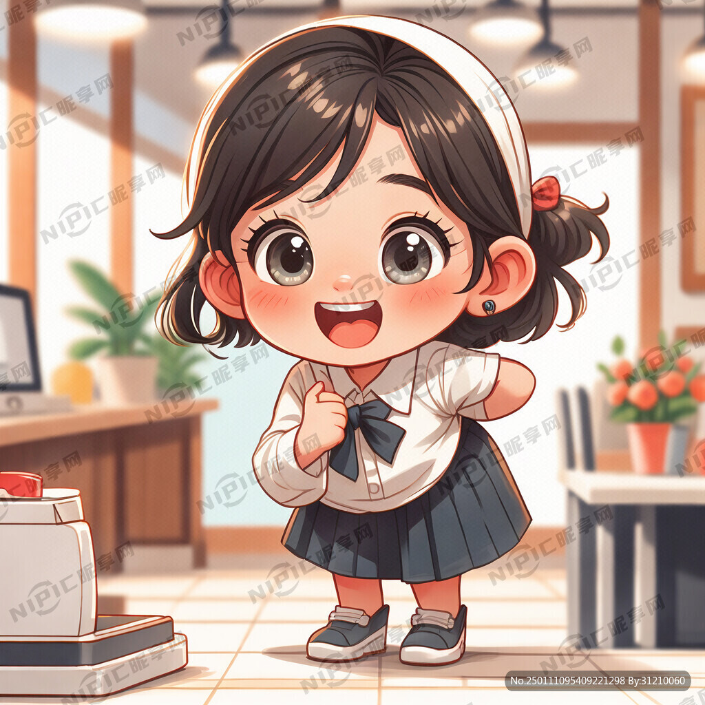 可爱的卡通小女孩做服务生弯腰行