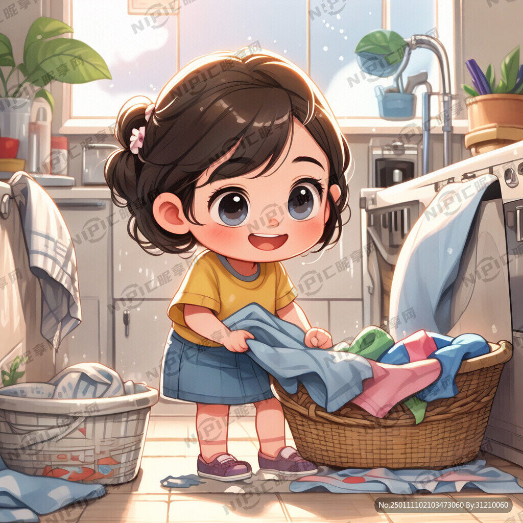可爱的卡通小女孩洗衣服的图片