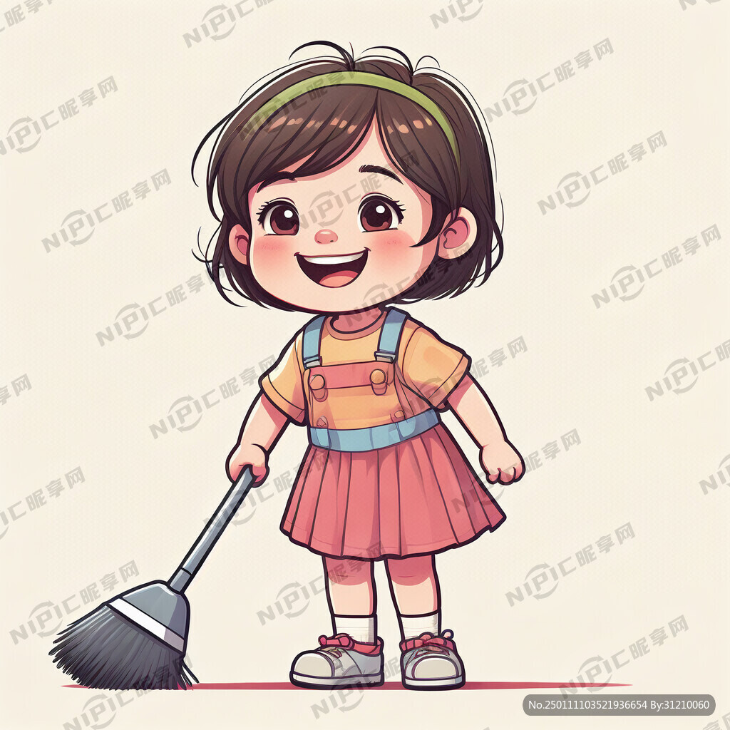 可爱的卡通小女孩肩扛着拖把的图