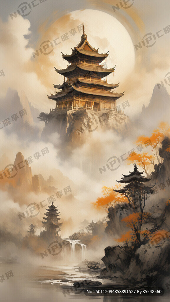 天宫山水画 金色楼阁