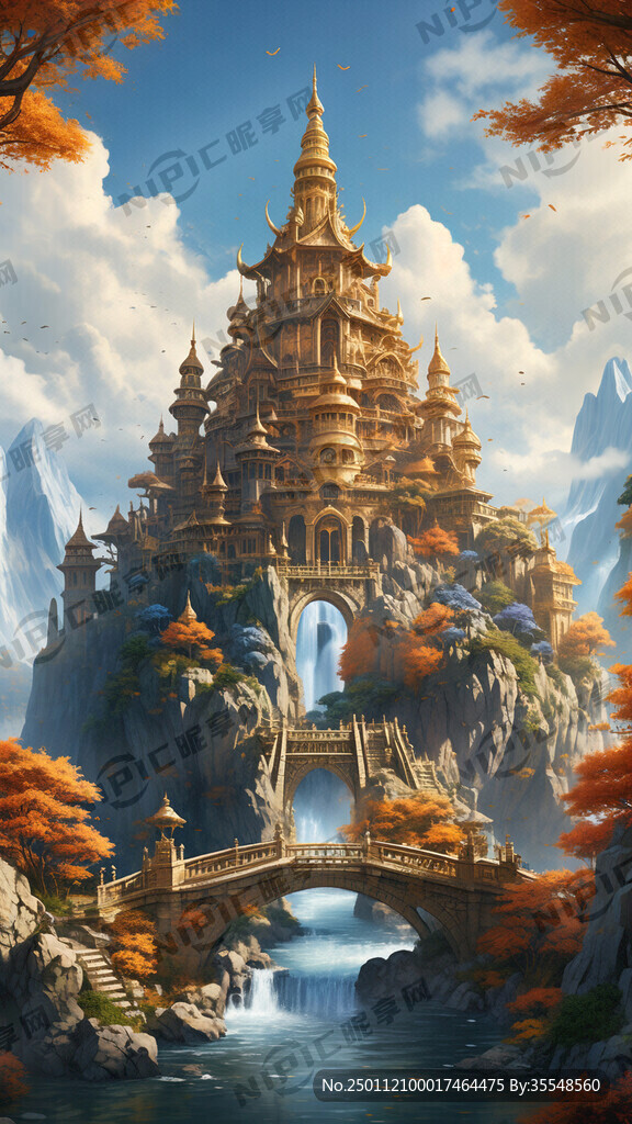 金色楼阁 天宫梦境 石山绿树