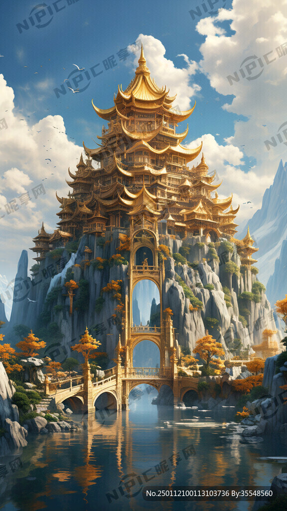金色楼阁 天宫梦境 石山绿树