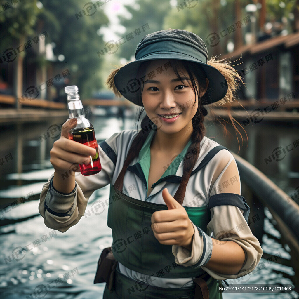 一个漂亮的女渔民 拿着一瓶鱼药