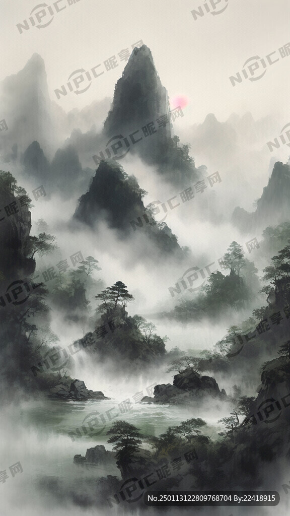 唯美 山间流水 国画 绿意盎然