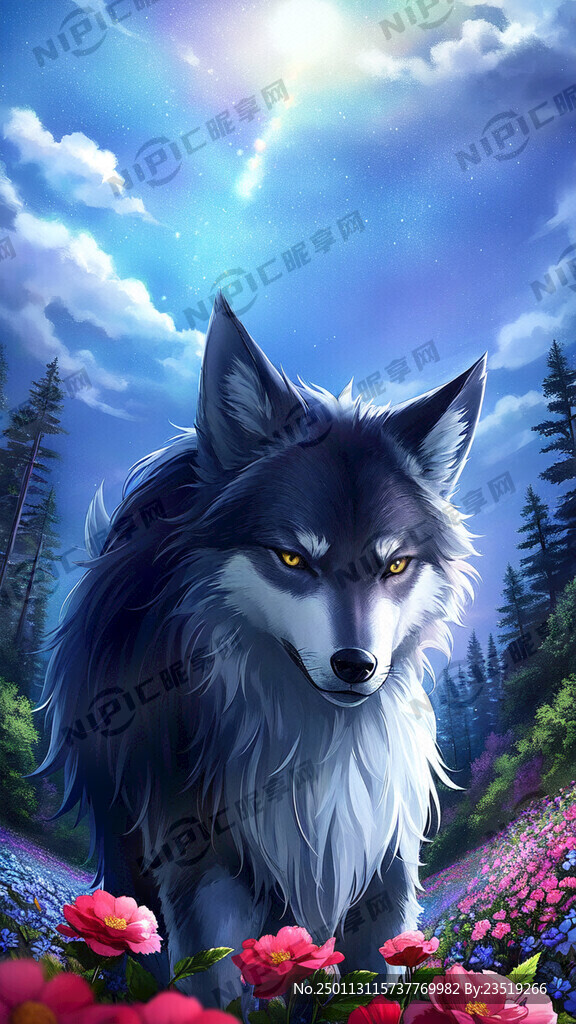 黑夜中 狼在梦幻的花丛中奔跑