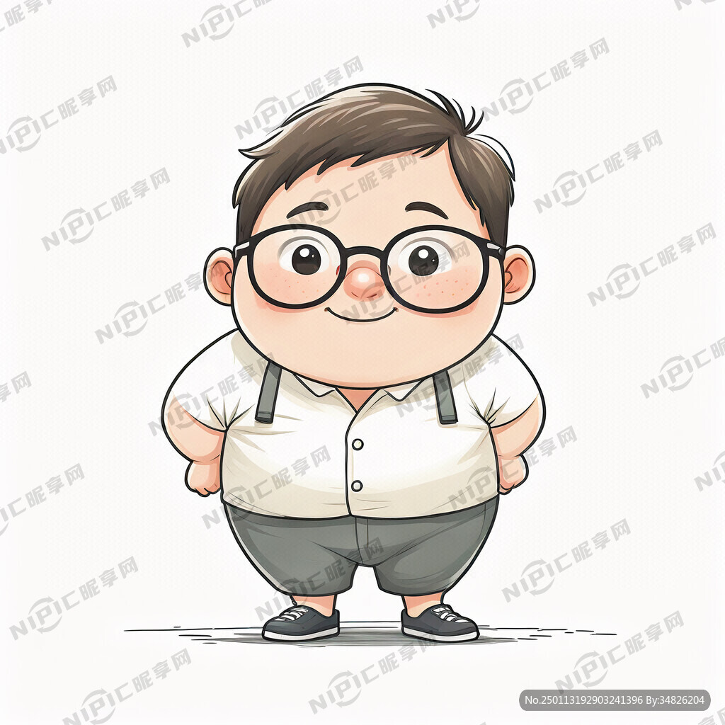 简单线条画的 戴眼镜的胖子