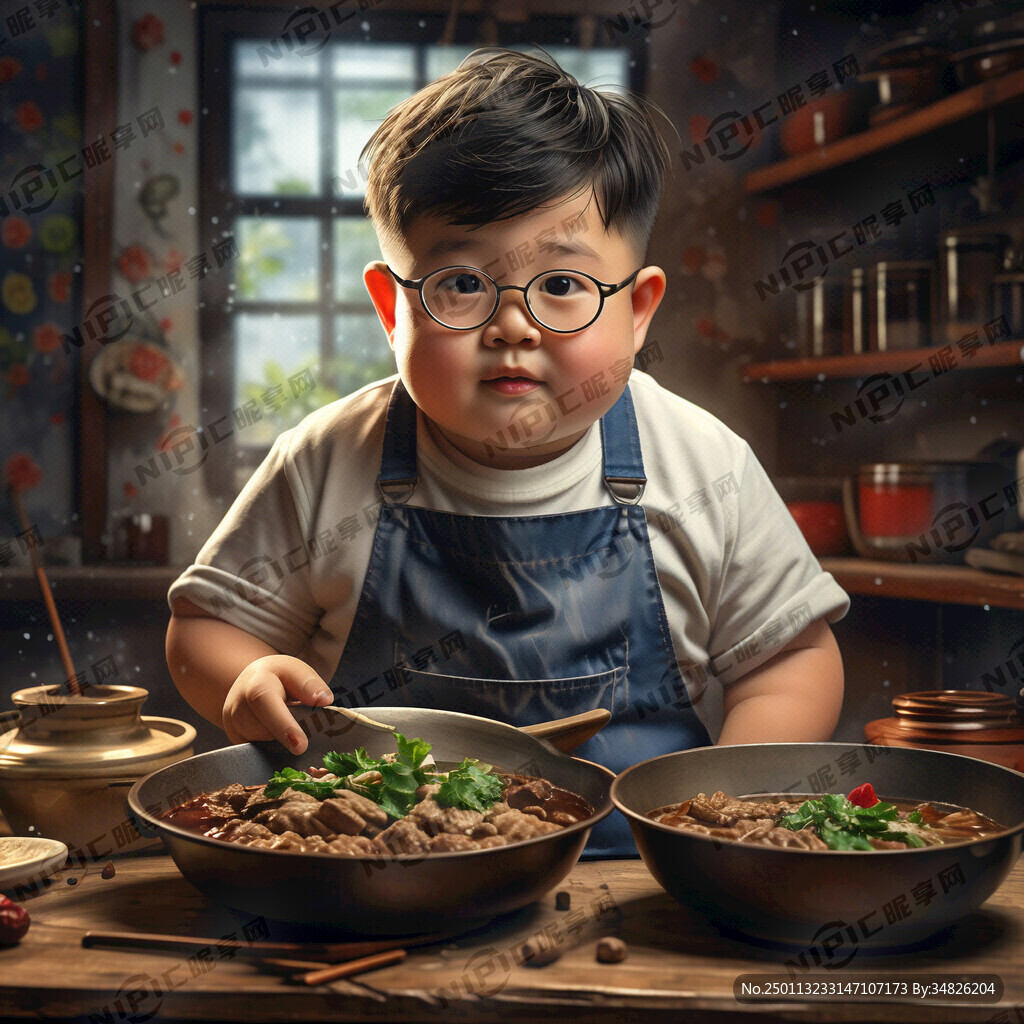 短发男孩 戴眼镜 胖子 穿围裙