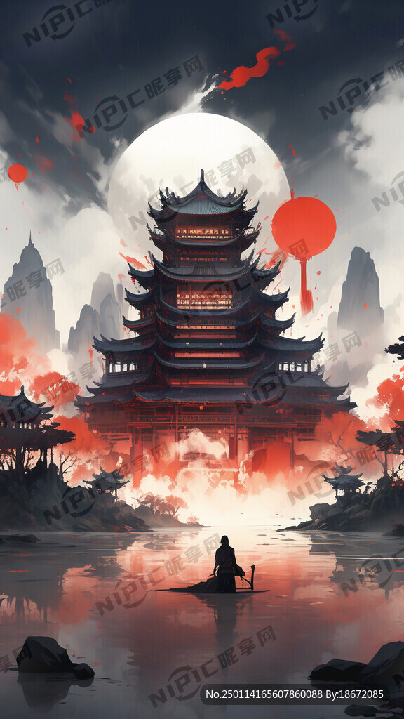 大场景 前景湖面上有中国建筑 