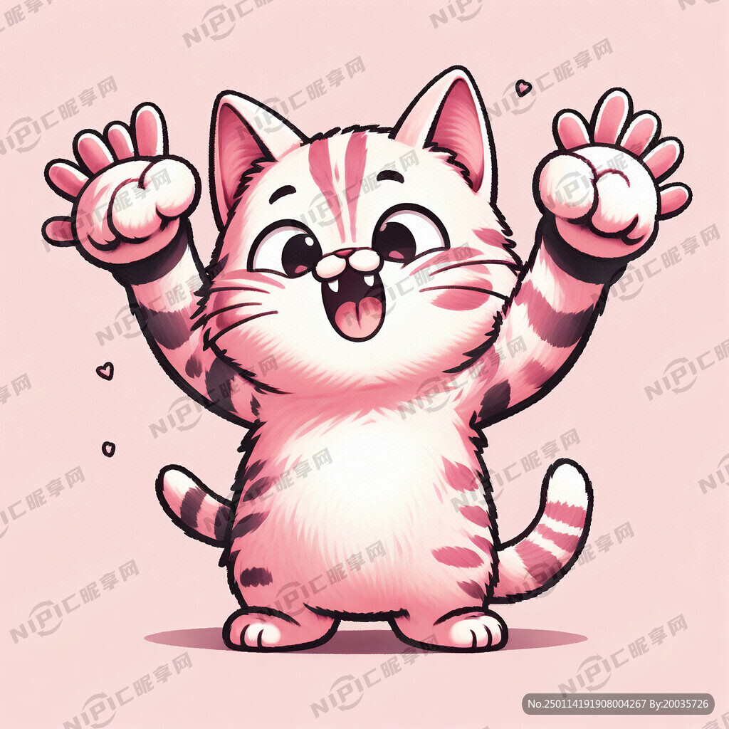 粉色可爱的卡通猫在站立挥着一只