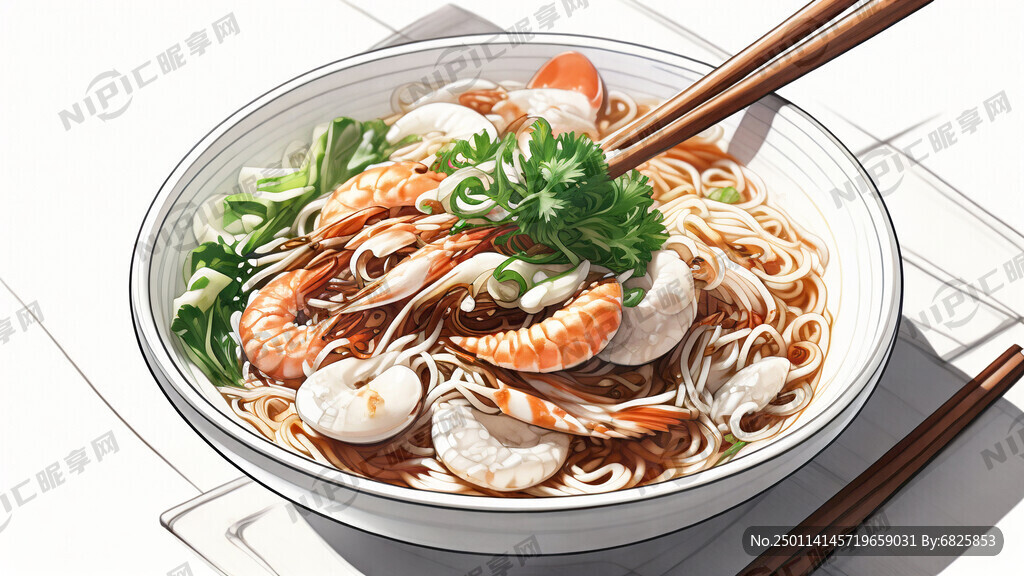 线稿  一碗美味的海鲜面 虾