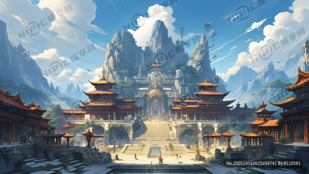 古建筑群 广场 古代 山 仙境